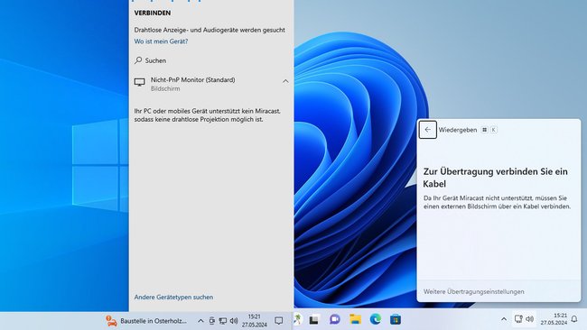 Windows + K: Windows sucht nach drahtlosen Geräten zum Verbinden, aber Miracast wird nicht unterstützt. Links: Windows 10. Rechts: Windows 11. (Bildquelle: GIGA)