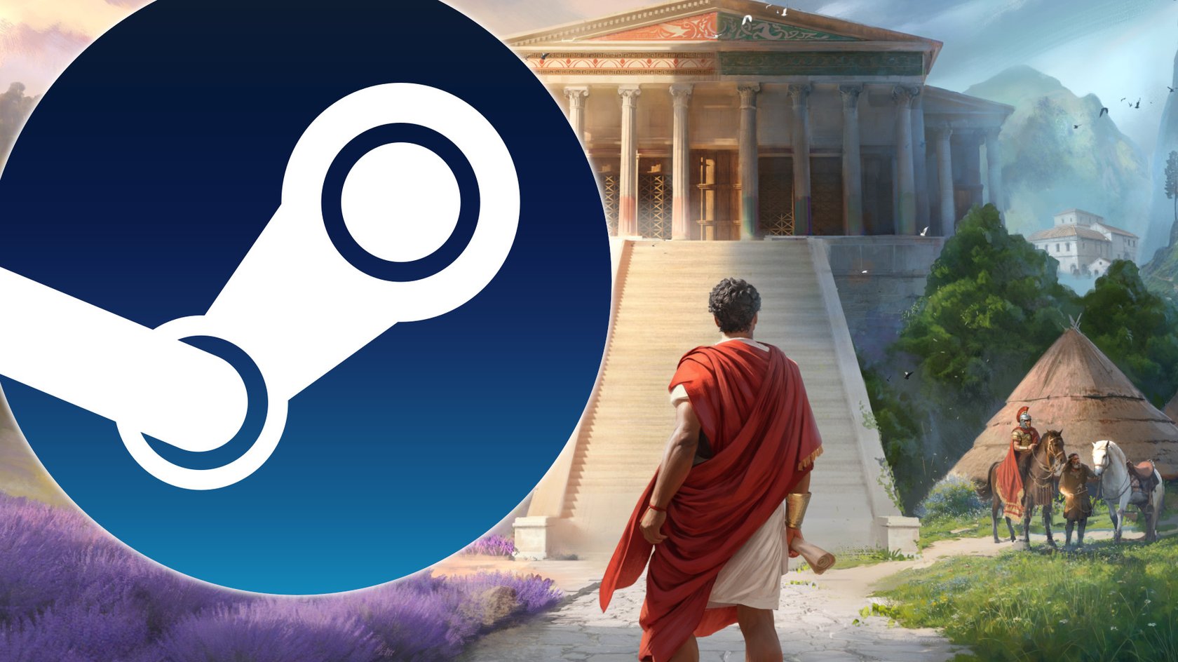 Das Bild zeigt ein Artwork aus Anno 117 und das Steam-Logo im Vordergrund