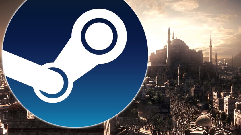 Das bild zeigt ein Artwork aus Civilization 5 und das Steam-Logo im Vordergrund