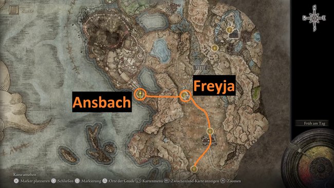 Die Standorte von Freyja und Ansbach im Schattenreich (Bildquelle: Screenshot und Bearbeitung GIGA).