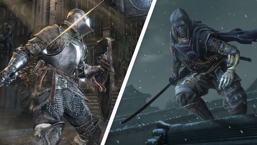 Das Bild zeigt rechts einen Screenshot aus Sekiro: Shadows Die Twice und links aus Dark Souls 3