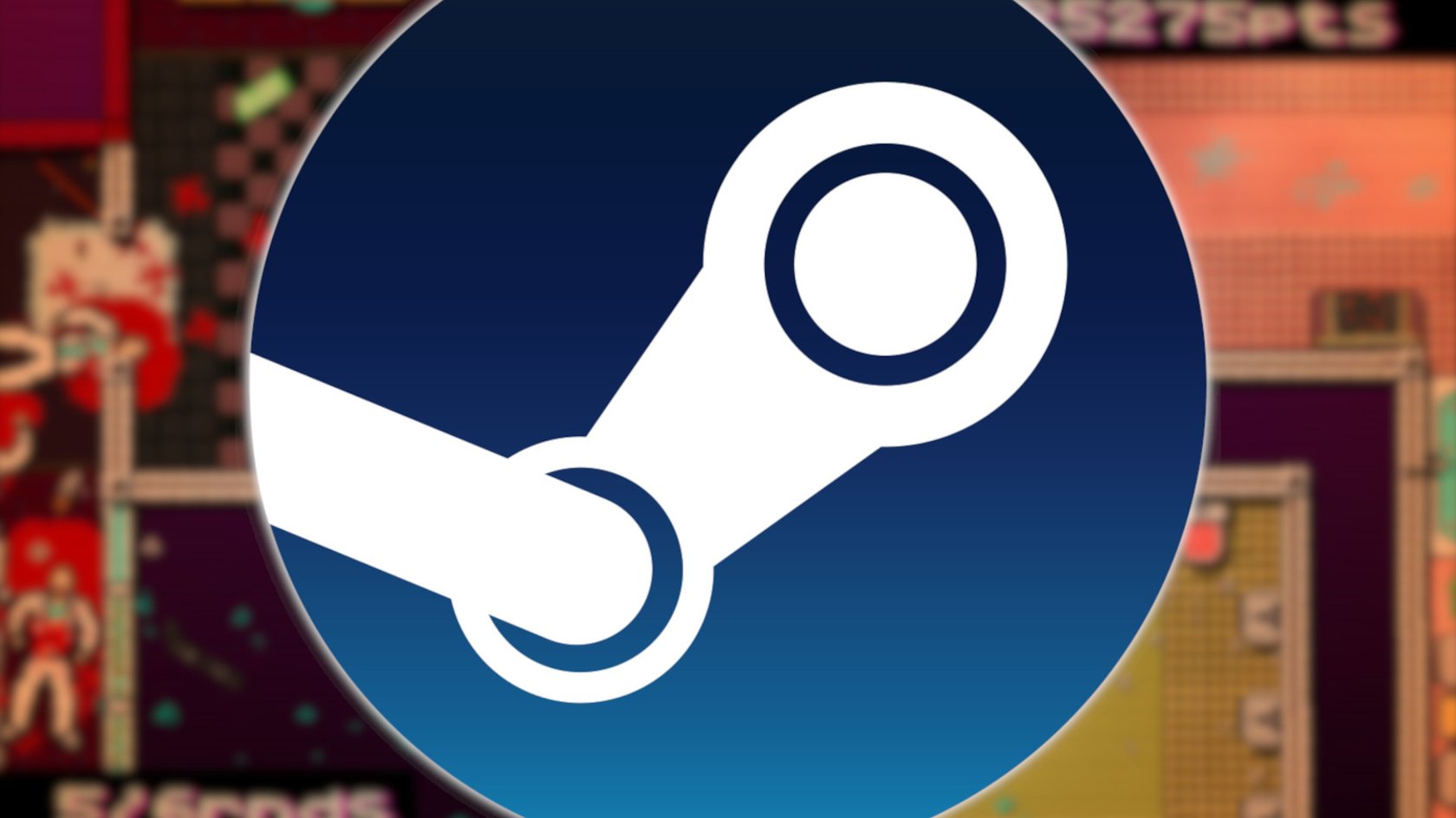 Das Bild zeigt einen Screenshot aus Hotline Miami und das Steam-Lgo im Vordergrund