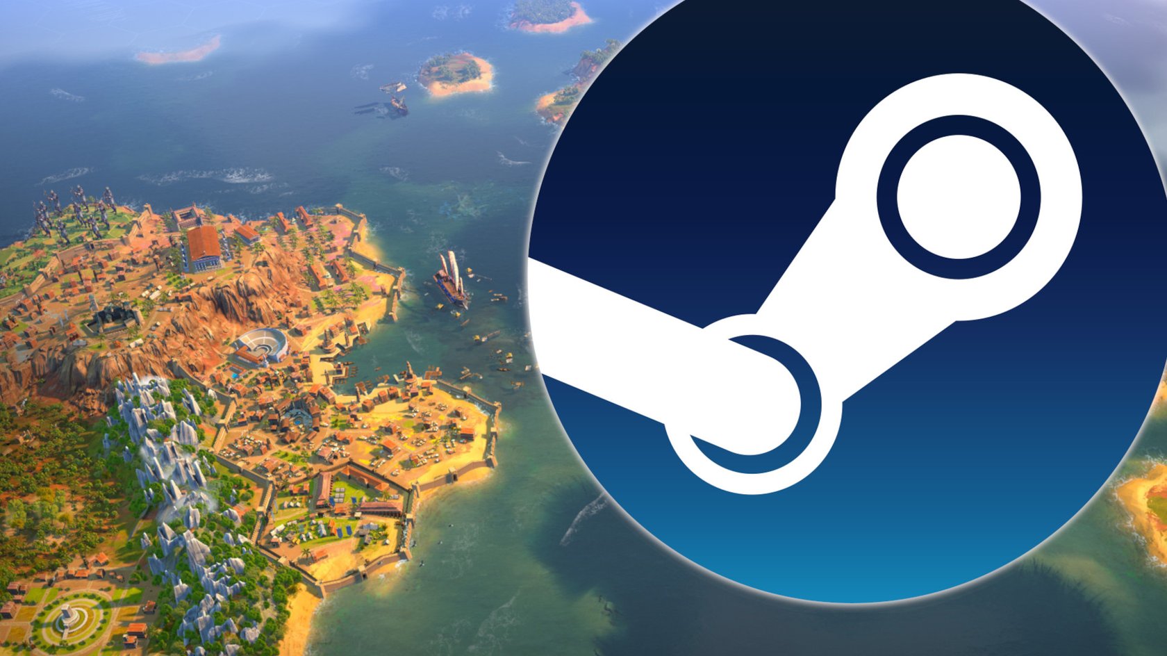 Das Bild zeigt einen Screenshot aus Humankind und das Steam-Logo im Vordergrund