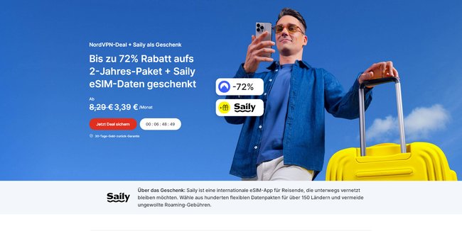 Screenshot einer Angebotsseite von NordVPN, auf der es für einen begrenzten Zeitraum das VPN-Angebot besonders günstig gibt.