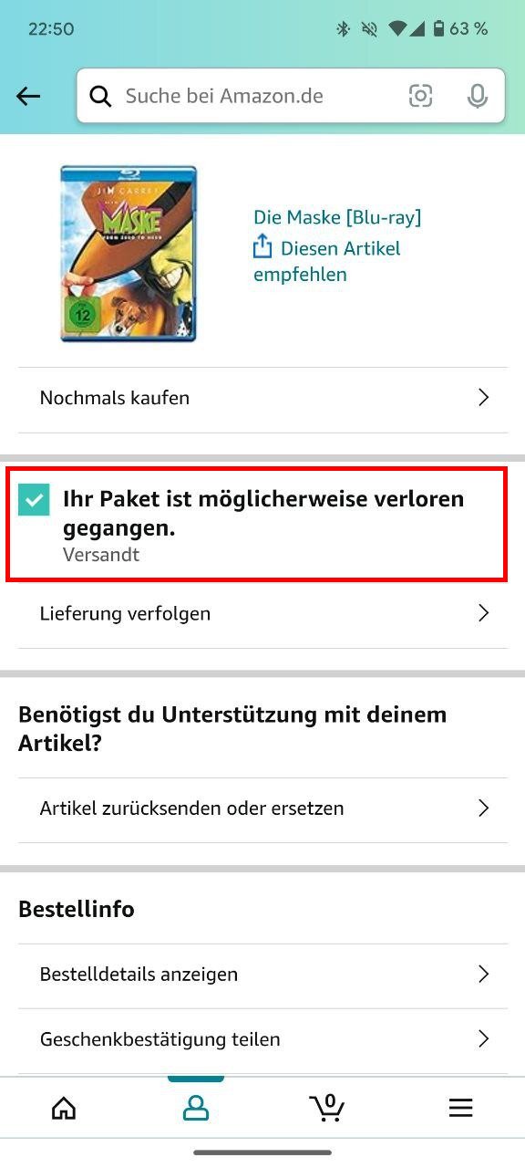 Die Amazon-App zeigt an, dass das Paket verloren gegangen sein könnte. (Bildquelle: GIGA)