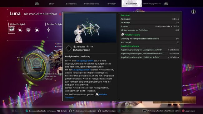 Bühnenpräsenz ist Lunas wichtigste Fertigkeit, mit der ihr ihre anderen Skills vorbereitet (Bildquelle: Screenshot GIGA).