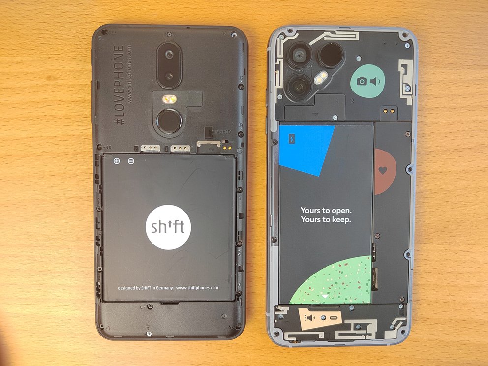 While the Fairphone 4 (right) draws attention to itself with its many colors, the #Lovephone lettering on the Shift6mq catches the eye. The name comes from the Shift community (Image: xiaomist).