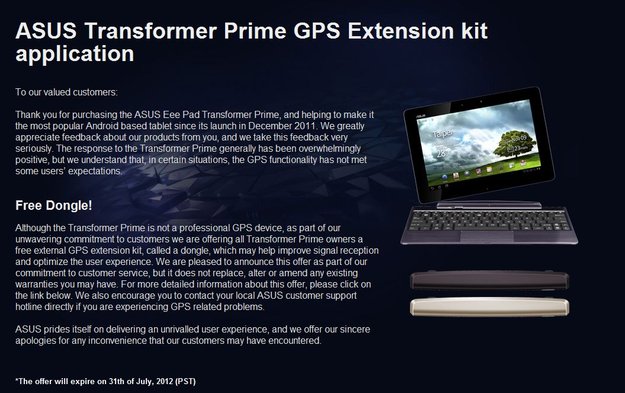 ASUS Transformer Pad Prime: Kostenloses GPS-Dongle kann bestellt werden