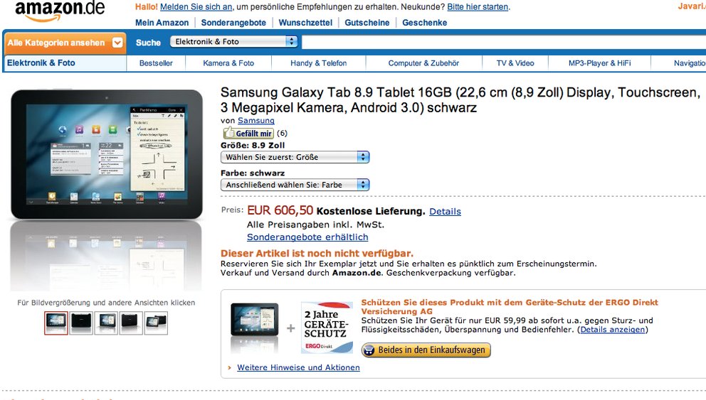 Samsung Galaxy Tab 8.9: Bei Amazon für 606,50 Euro vorbestellen