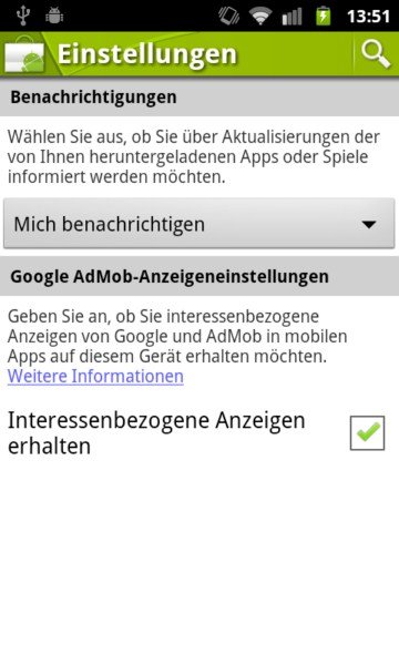 Android Market: Ausschalten interessenbezogener Werbung möglich