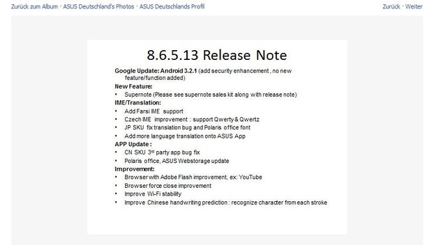 ASUS Eee Pad Transformer: Android 3.2.1-Update in Kürze