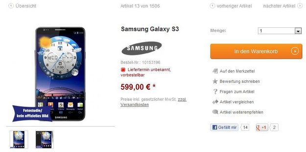 Samsung Galaxy S3: getgoods.de nimmt Vorbestellungen entgegen
