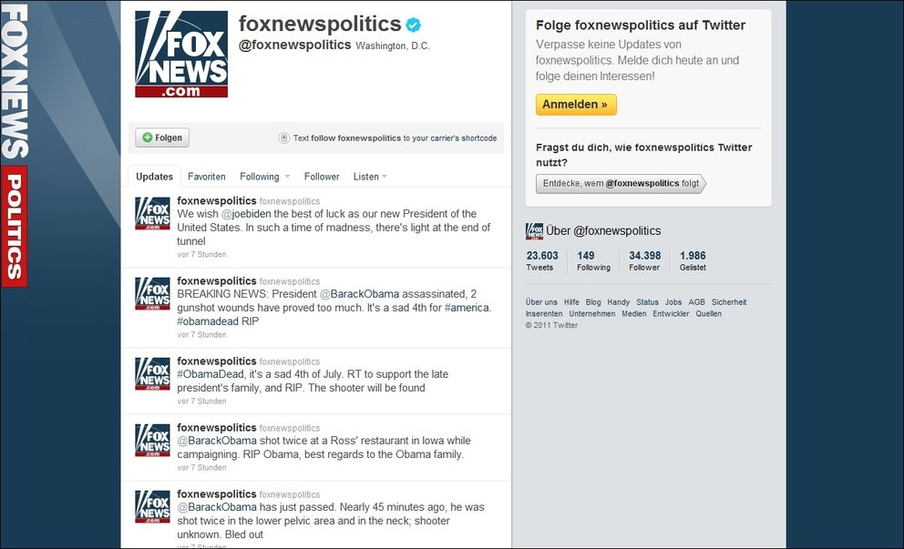 Fox News - Twitter Account gehackt, Obama für tot erklärt
