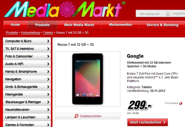 Nexus 7: 3G-Version bei Media Markt für 299 Euro vorbestellbar