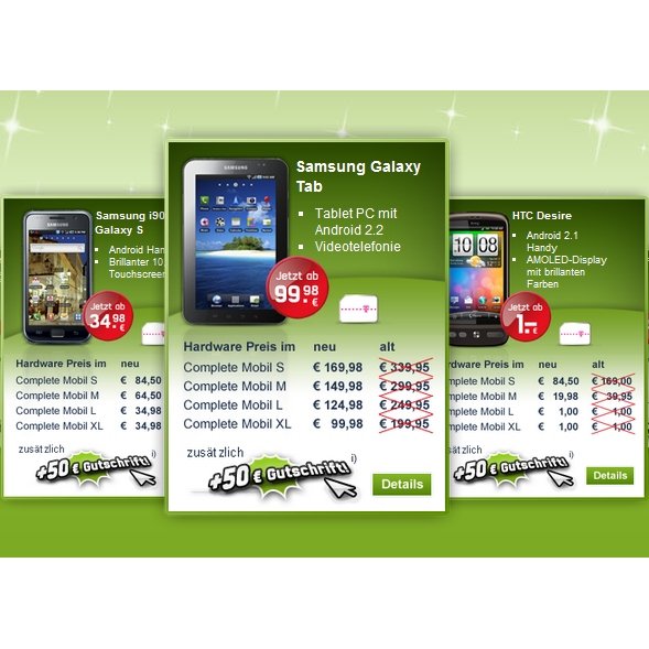 HTC Desire, Samsung Galaxy S & Tab: 50% Rabatt bei mobilcom-debitel