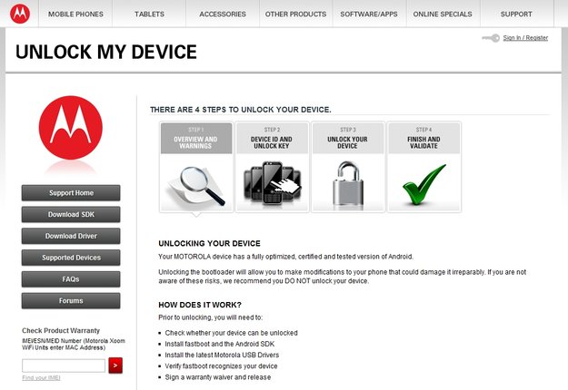 Motorola: Webseite zur Bootloader-Entsperrung online