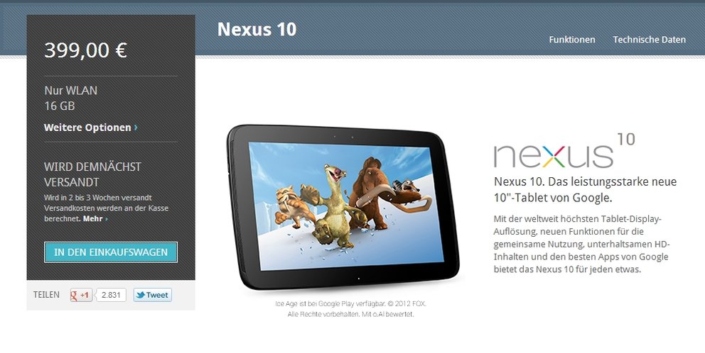 Nexus 10: Wieder im Play Store, Verfügbarkeits-Übersicht nach Ländern geordnet
