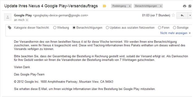 Nexus 4: Google verschickt weitere Geräte noch diese Woche