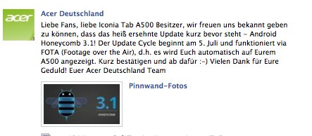 Acer Iconia Tab A500 bekommt Update auf Android 3.1 am 05. Juli (Offiziell)
