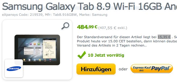 Samsung Galaxy Tab 8.9 Wifi-only in weiß für 484,99€ verfügbar