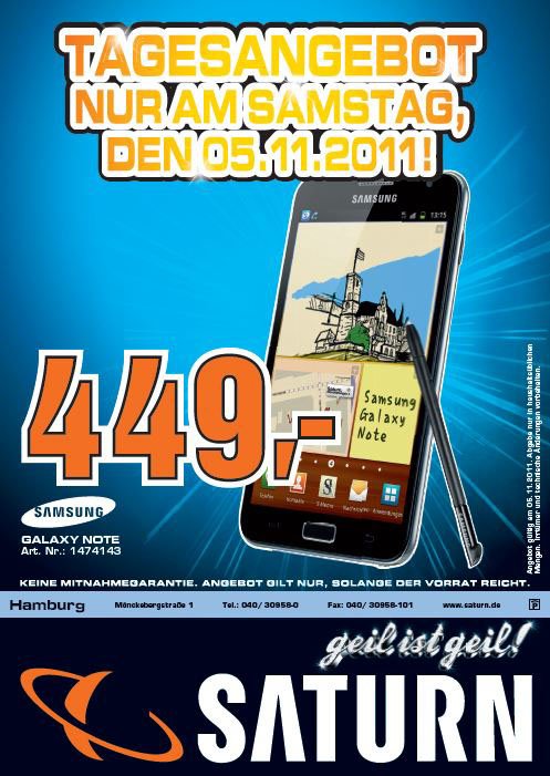 Am 5. November Samsung Galaxy Note für nur (vermutlich) 469€ bei Saturn in Hamburg - Update: nur 449€