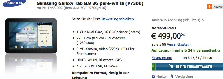 Samsung Galaxy Tab 8.9 3G in schwarz / weiß für 499€ verfügbar