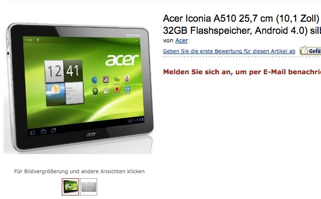 Acer Iconia Tab A510 bereits bei Amazon gelistet - Update 1: für 399€ vorbestellbar - *2* ab Mitte April verfügbar - *3*: ab 21. April