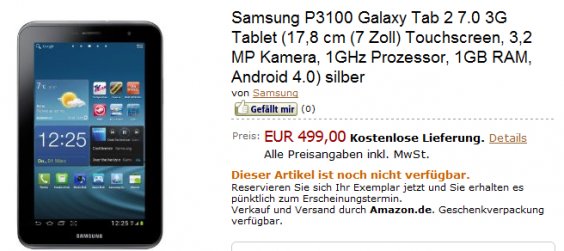 Samsung Galaxy Tab 2 (7.0) für 499€ vorbestellbar