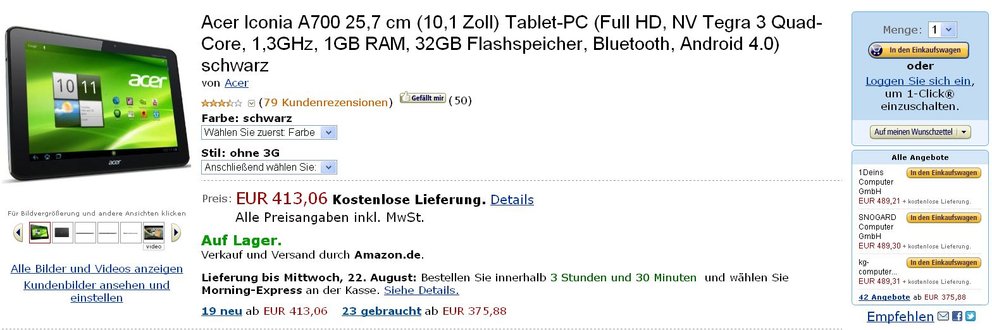 Acer Iconia Tab A700: Bereits für 413 Euro in Schwarz