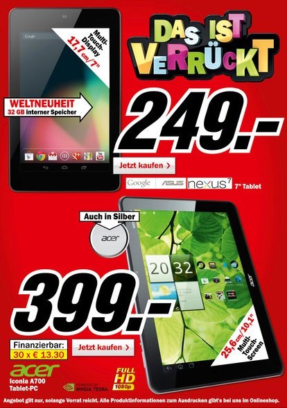 Google Nexus 7 mit 32 GB ab sofort für 249 Euro im Media Markt – Acer Iconia A700 für 399 Euro
