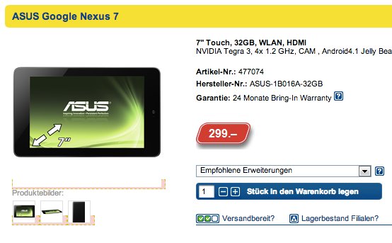 Schweizer Online Shop listet Google Nexus 7 mit 32GB für 299 CHF - Versandbereit innerhalb einer Woche