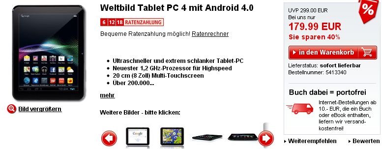 Weltbild verkauft 8 Zoll Tablet PC 4 mit Dual Core Prozessor für 180 Euro