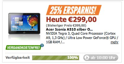 Deal: Acer Iconia A510 für 299 Euro bei Notebooksbilliger - Update: auch bei Amazon