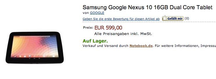 Google Nexus 10 erstmals bei Online Shop auf Lager - auch über Amazon