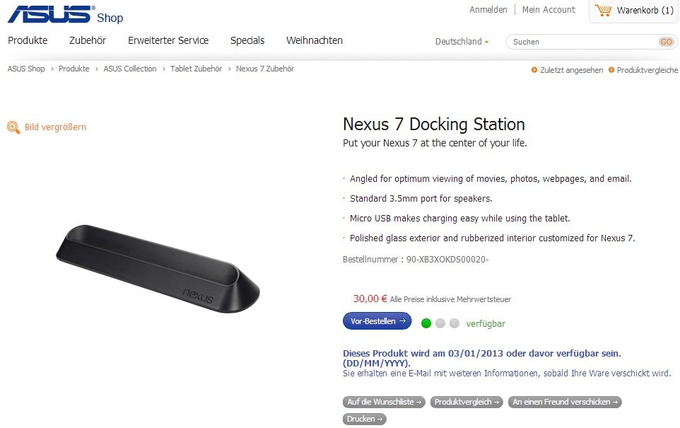Nexus 7 Dock ab sofort für 30€ im deutschen Asus Shop vorbestellen