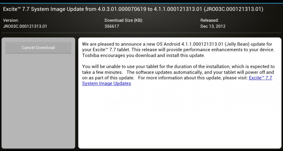 Toshiba Excite 7.7 erhält Android 4.1.1 Jelly Bean - Update: Toshiba Excite 10 (AT-300) nun ebenfalls an der Reihe