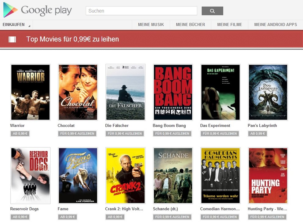 Viele Filme im Play Store aktuell für nur 99 Cent zum Leihen