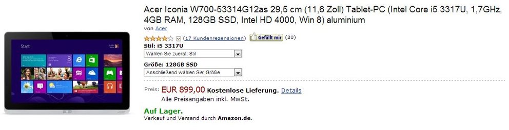 Acer Iconia Tab W700 mit Windows 8 und Intel Core i5 bei Amazon jetzt ab Lager für 899 Euro lieferbar