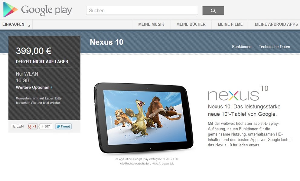 Nexus 10 bald wieder verfügbar im Play Store?