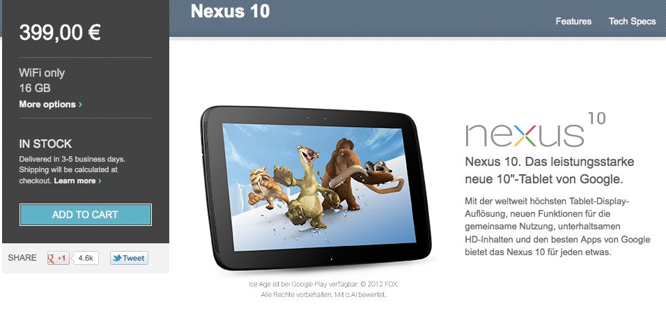 Google Nexus 10 in Deutschland im Play Store ab sofort wieder lieferbar