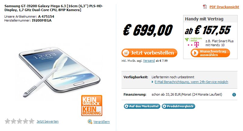 Samsung Galaxy Mega 6.3: Ab sofort für 699 Euro vorbestellbar