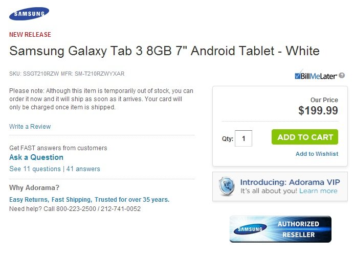 Samsung Galaxy Tab 3 mit 7 Zoll wird für 199 Dollar gelistet