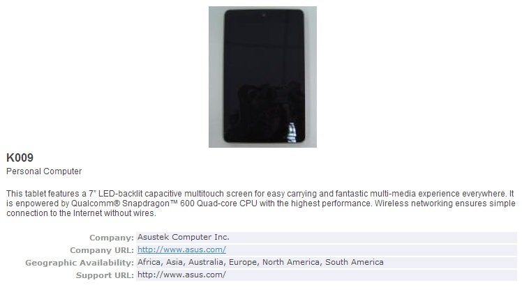 Neues Nexus 7 (Asus K009) kommt mit Snapdragon 600, LTE und 5-MP-Kamera - Erstes Bild aufgetaucht