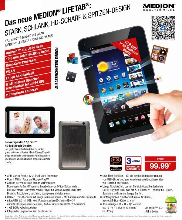 Medion Lifetab E7312 (MD 98488): 7 Zoll 99€ Tablet bei Aldi ab dem 24. Oktober