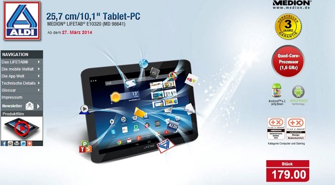 Medion Lifetab E10320 (MD 98641) Tablet für 179€ am 27. März bei Aldi Nord