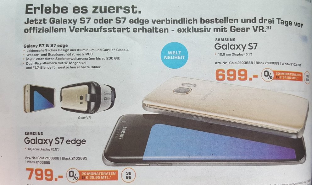 Samsung Galaxy S7: Saturn-Prospekt bestätigt Preise, Design & Gear VR-Aktion - Update