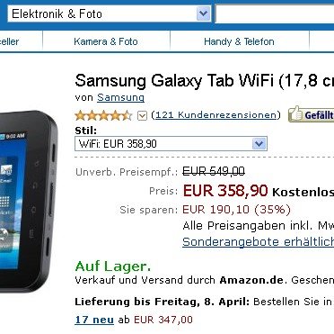 Samsung Galaxy Tab: WLAN-only Variante bei Amazon verfügbar