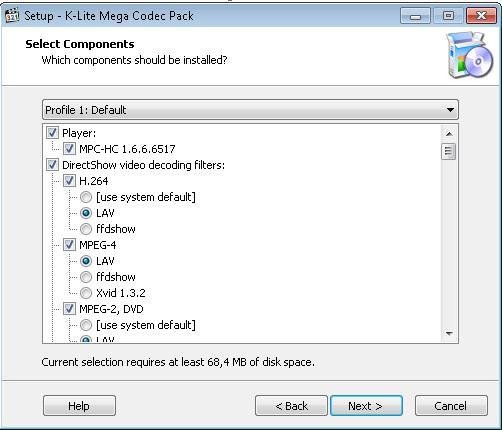 K-Lite Mega Codec Pack Komponenten auswählen