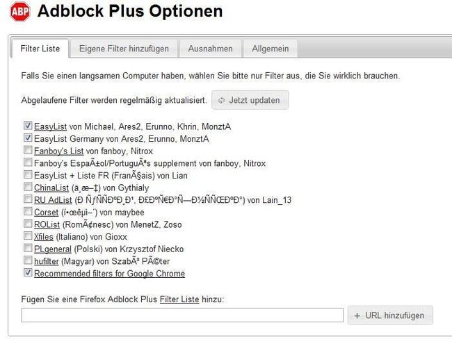 AdBlock Plus für Google Chrome Optionen